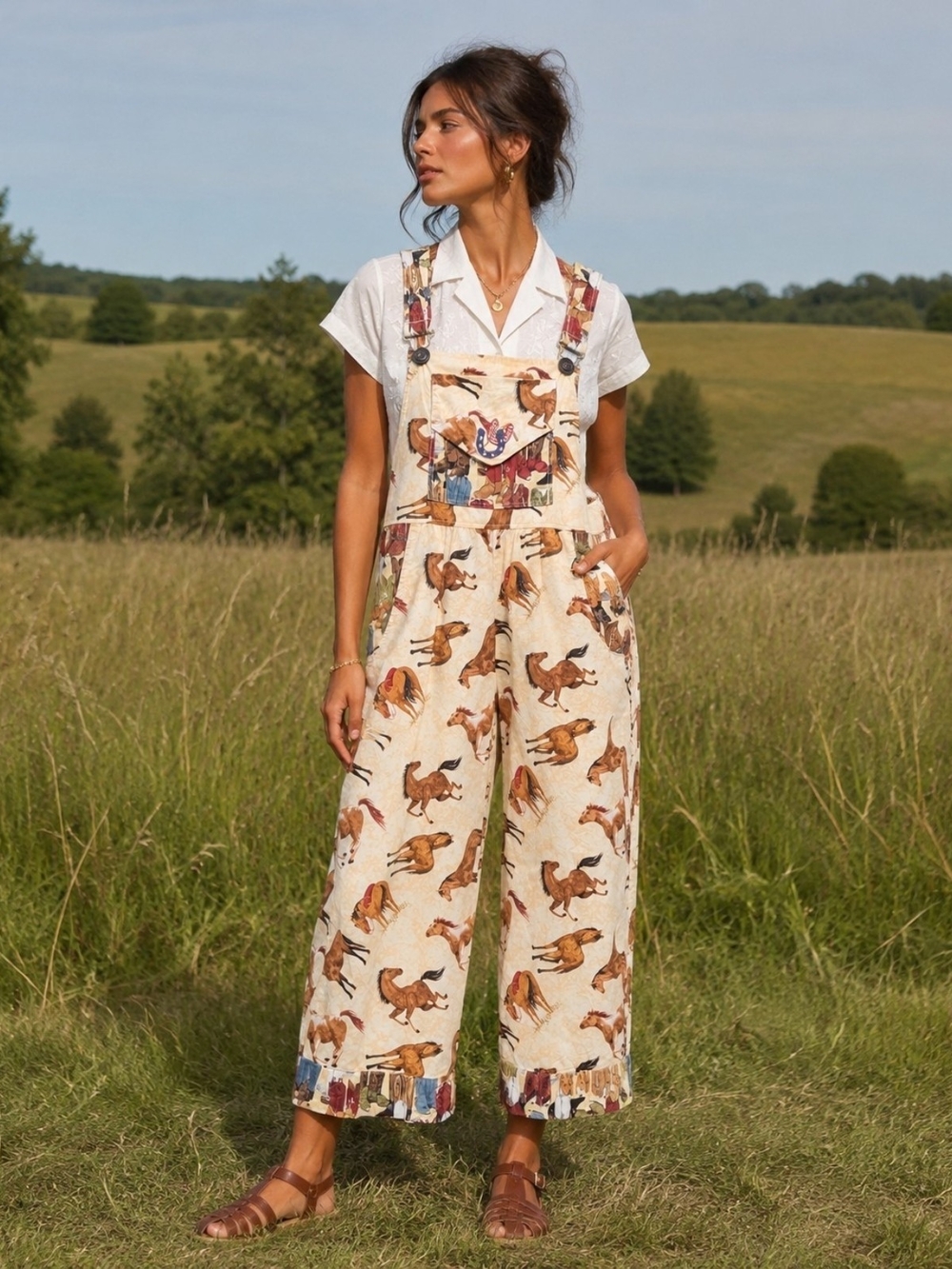 Dee's Designs Vtg 90s Overalls Horse Prairie Cowgirl Slow Fashion Handmade Sz XS